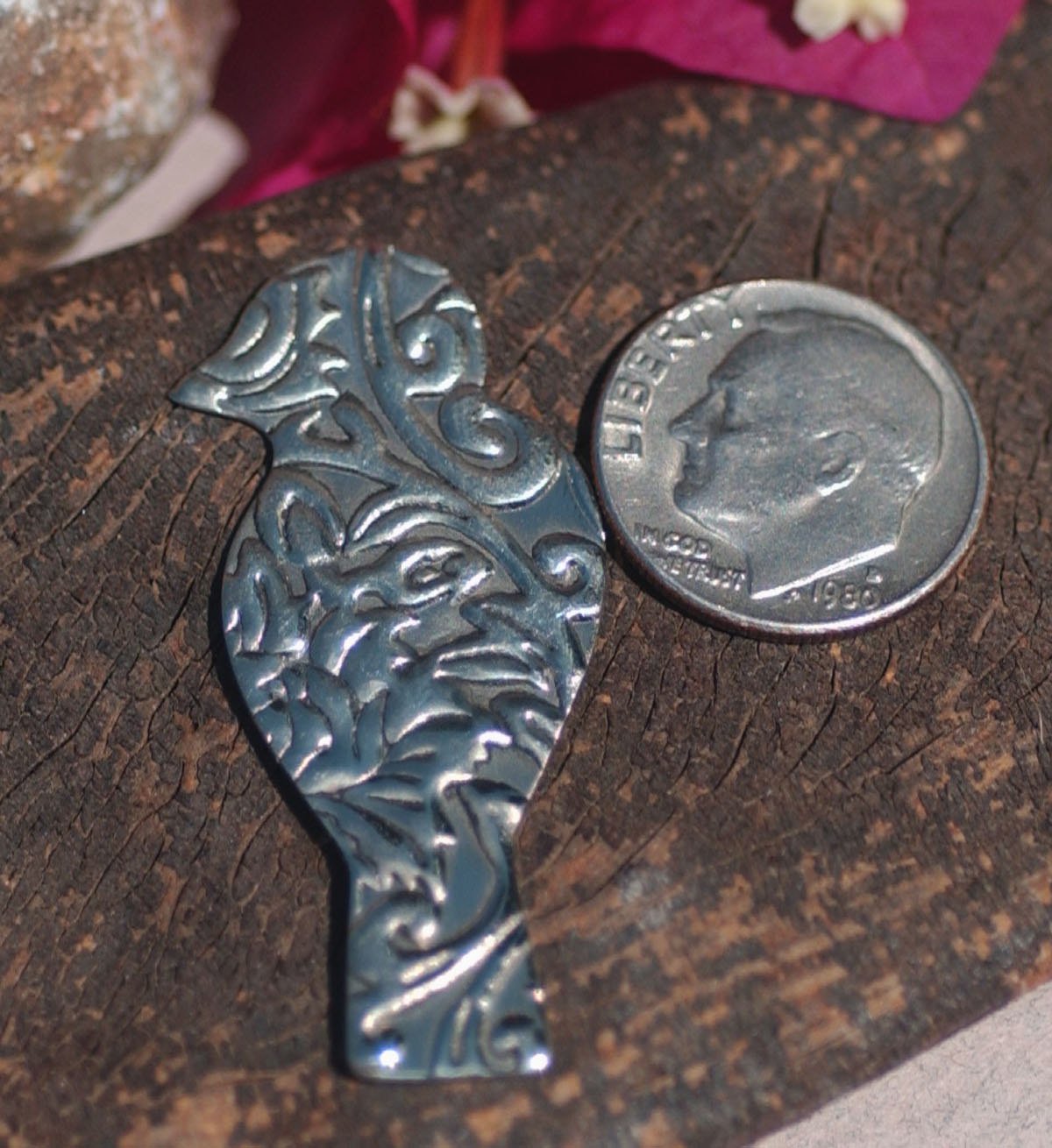 Nickel Silver Perched Bird Blank in Lotus Flowers Texture for Metalworking Enameling Stamping Texturing Blanks - 4 pieces