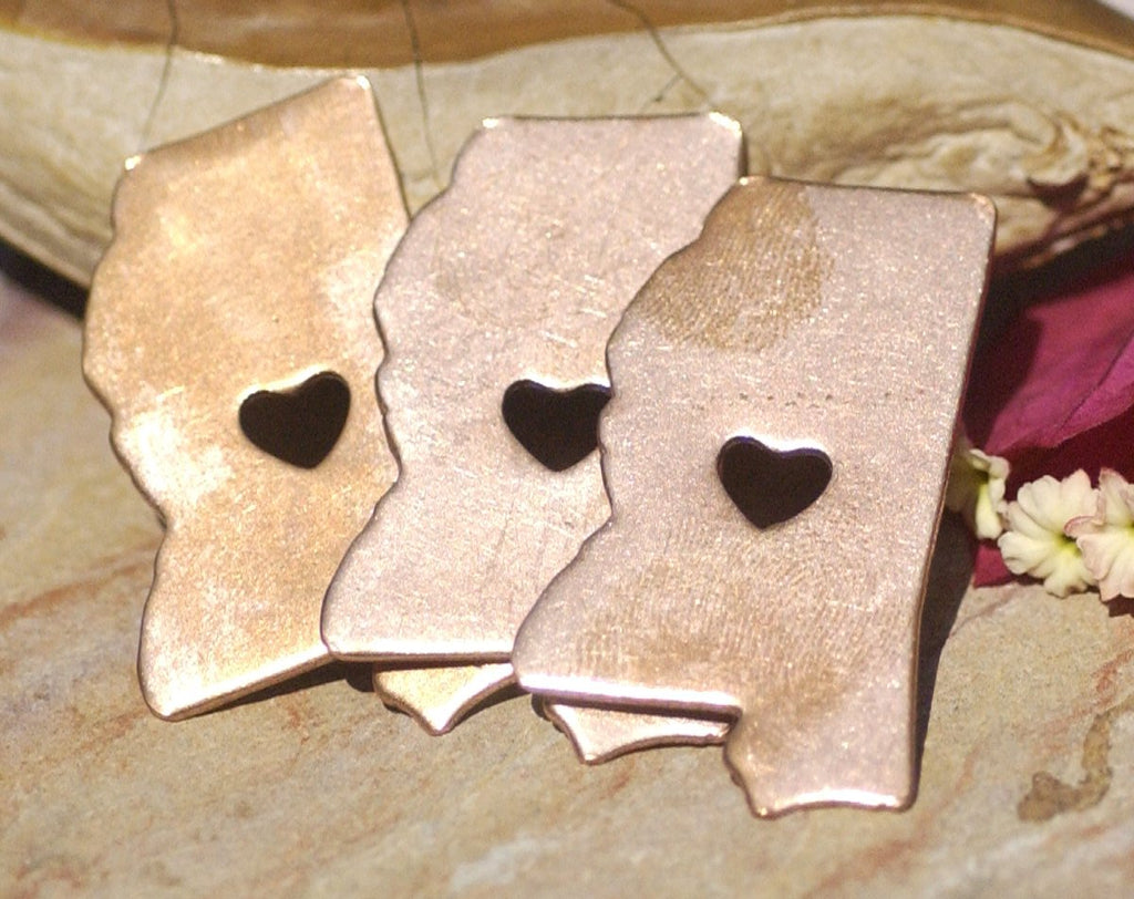 Mississippi State with Tiny Long Heart Cutout for Enameling Metalworking Stamping Texturing 100% Copper Blank - 4 pieces